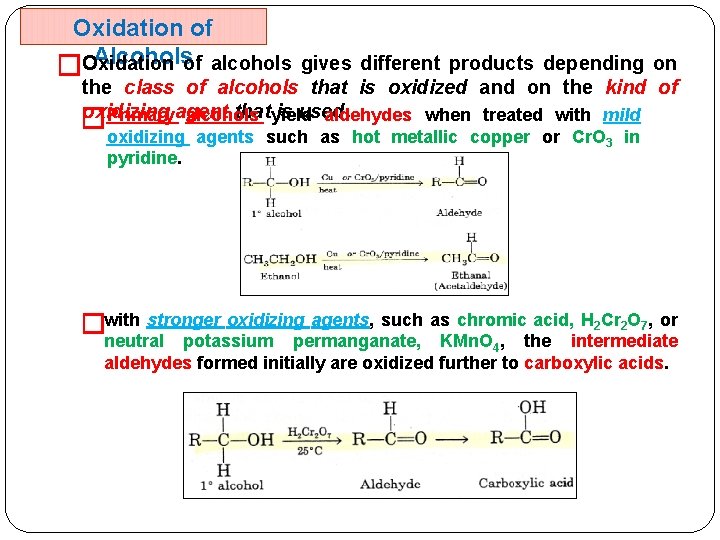 Oxidation of Alcoholsof alcohols gives different products depending on �Oxidation the class of alcohols