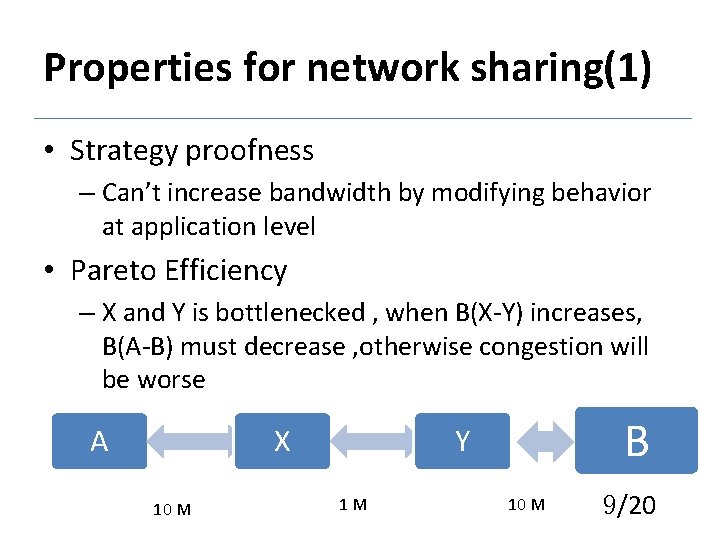 Properties for network sharing(1) • Strategy proofness – Can’t increase bandwidth by modifying behavior