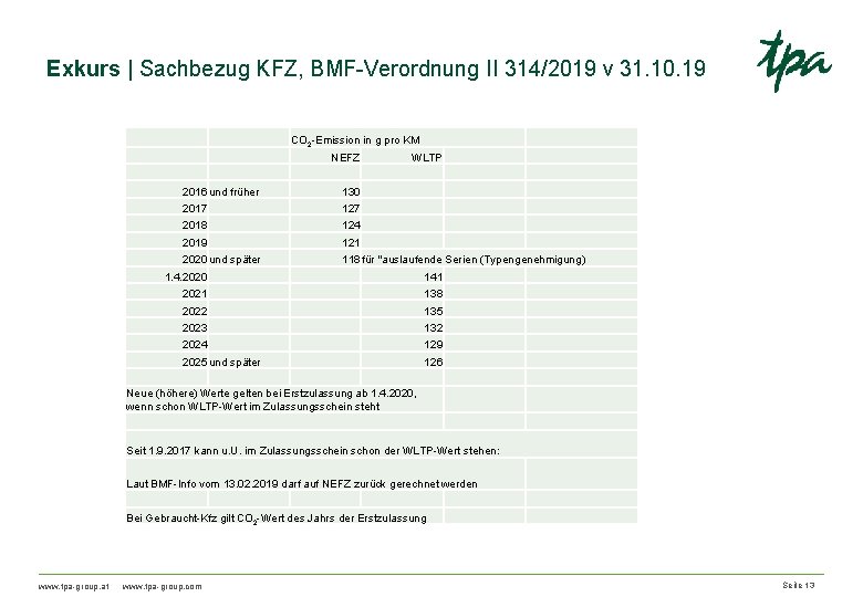 Exkurs | Sachbezug KFZ, BMF-Verordnung II 314/2019 v 31. 10. 19 CO 2 -Emission