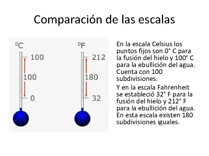 Comparación de las escalas En la escala Celsius los puntos fijos son 0° C