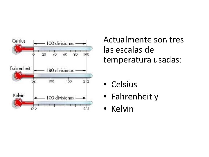 Actualmente son tres las escalas de temperatura usadas: • Celsius • Fahrenheit y •