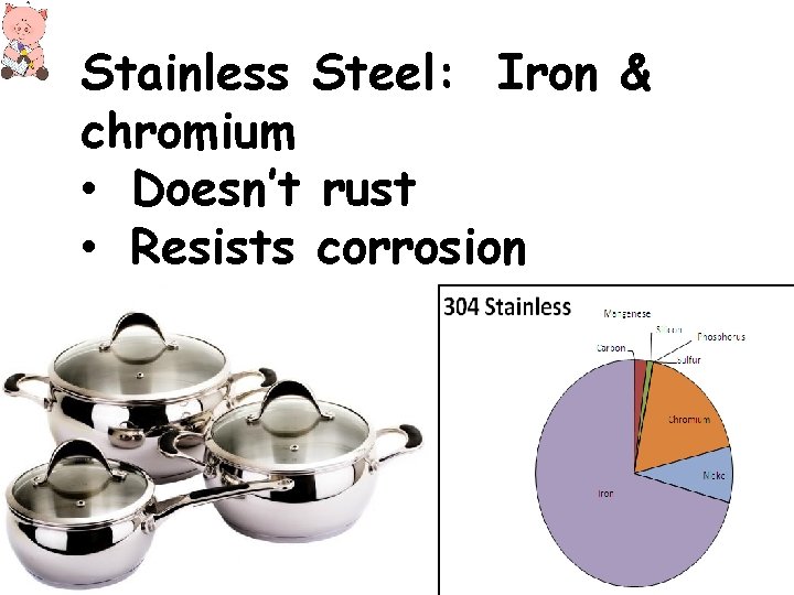 Stainless Steel: Iron & chromium • Doesn’t rust • Resists corrosion Stainless Steel: Iron & chromium • Doesn’t rust • Resists corrosion
