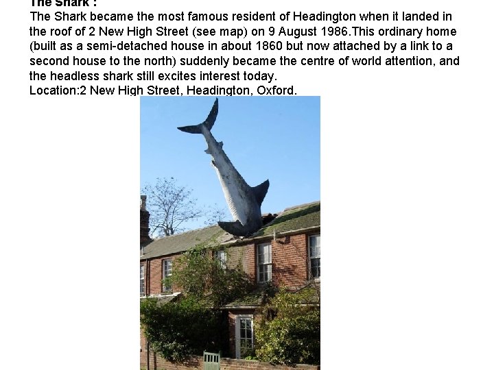 The Shark : The Shark became the most famous resident of Headington when it