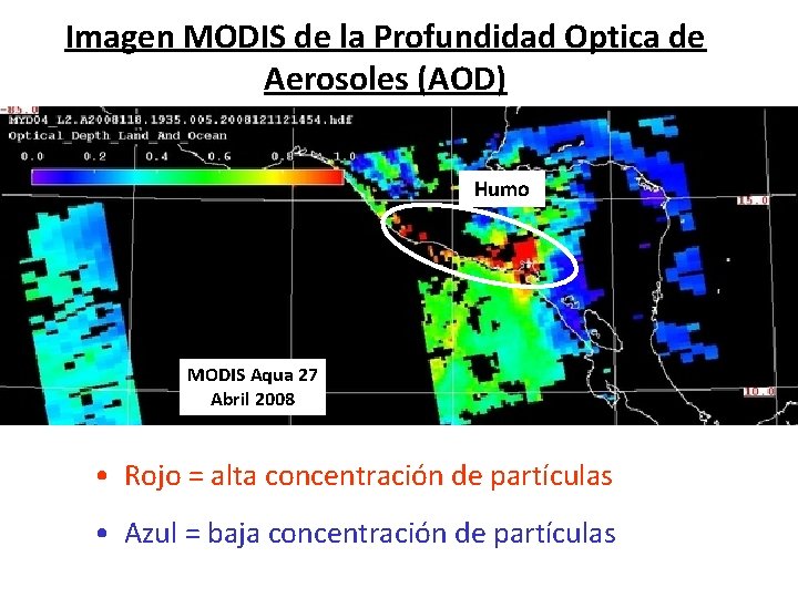 Imagen MODIS de la Profundidad Optica de Aerosoles (AOD) Humo MODIS Aqua 27 Abril