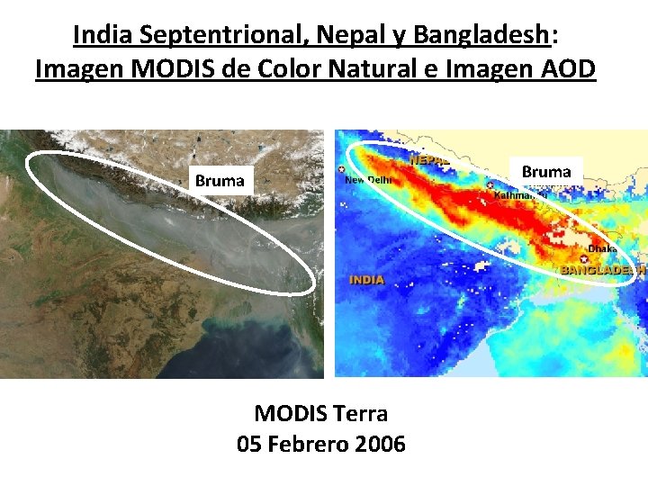 India Septentrional, Nepal y Bangladesh: Imagen MODIS de Color Natural e Imagen AOD Bruma