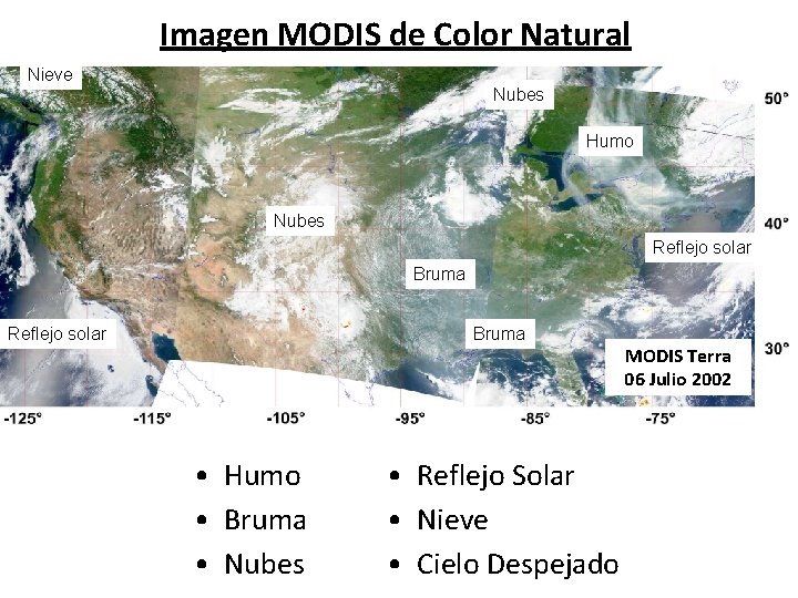 Imagen MODIS de Color Natural Nieve Nubes Humo Nubes Reflejo solar Bruma • Humo