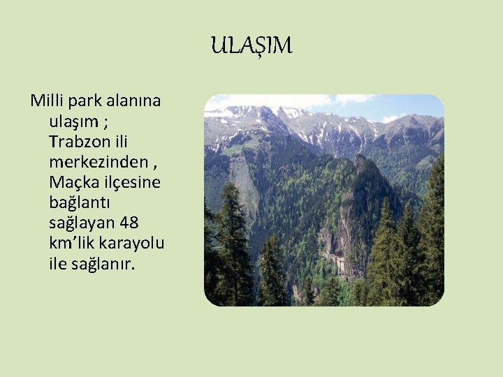 ULAŞIM Milli park alanına ulaşım ; Trabzon ili merkezinden , Maçka ilçesine bağlantı sağlayan