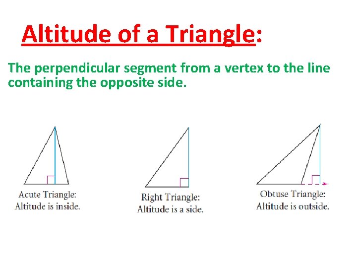 Altitude of a Triangle: The perpendicular segment from a vertex to the line containing