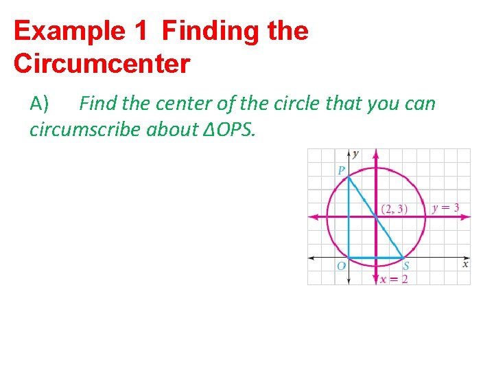Example 1 Finding the Circumcenter A) Find the center of the circle that you