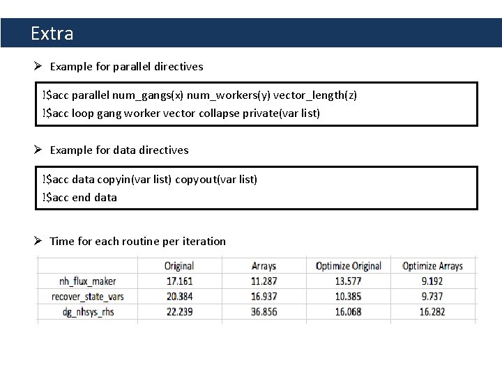 Extra Ø Example for parallel directives !$acc parallel num_gangs(x) num_workers(y) vector_length(z) !$acc loop gang