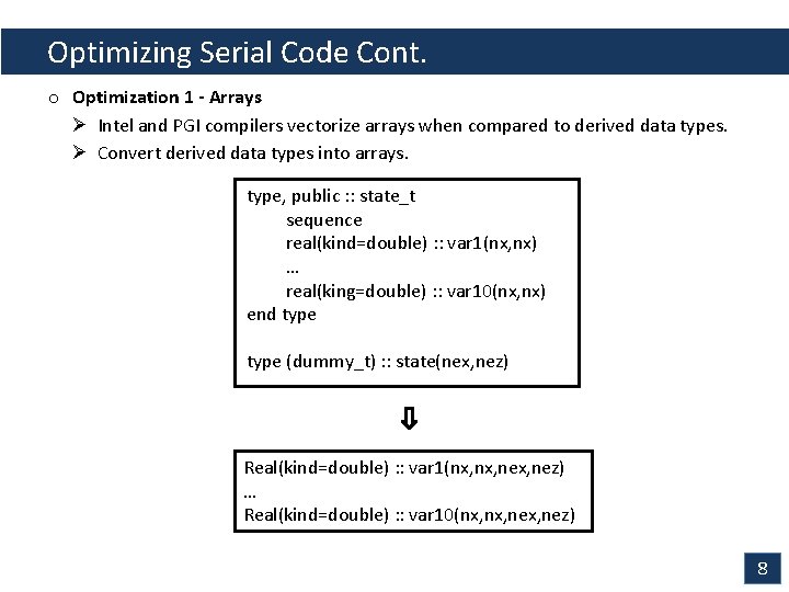 Optimizing Serial Code Cont. o Optimization 1 - Arrays Ø Intel and PGI compilers