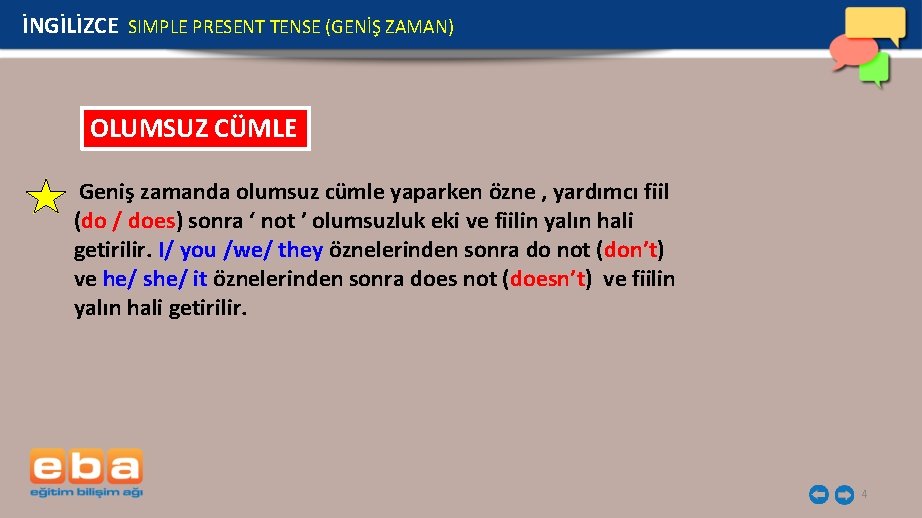 İNGİLİZCE SIMPLE PRESENT TENSE (GENİŞ ZAMAN) OLUMSUZ CÜMLE Geniş zamanda olumsuz cümle yaparken özne