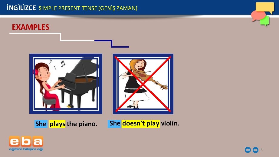 İNGİLİZCE SIMPLE PRESENT TENSE (GENİŞ ZAMAN) EXAMPLES She plays the piano. She doesn’t play