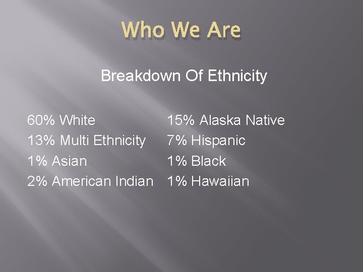 Who We Are Breakdown Of Ethnicity 60% White 13% Multi Ethnicity 1% Asian 2% Who We Are Breakdown Of Ethnicity 60% White 13% Multi Ethnicity 1% Asian 2%