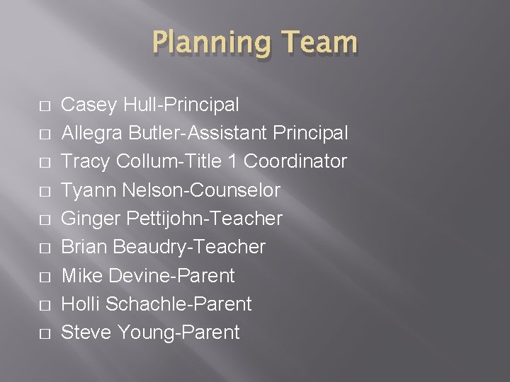 Planning Team � � � � � Casey Hull-Principal Allegra Butler-Assistant Principal Tracy Collum-Title Planning Team � � � � � Casey Hull-Principal Allegra Butler-Assistant Principal Tracy Collum-Title