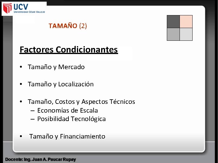 TAMAÑO (2) Factores Condicionantes • Tamaño y Mercado • Tamaño y Localización • Tamaño,