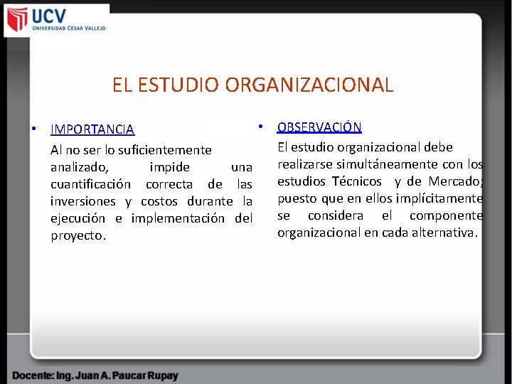 EL ESTUDIO ORGANIZACIONAL • OBSERVACIÓN • IMPORTANCIA El estudio organizacional debe Al no ser