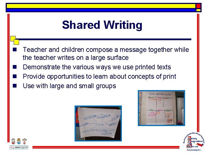 Shared Writing n Teacher and children compose a message together while the teacher writes