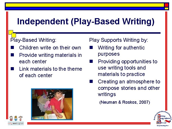 Independent (Play-Based Writing) Play-Based Writing: n Children write on their own n Provide writing