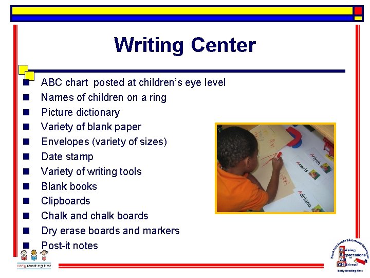Writing Center n n n ABC chart posted at children’s eye level Names of