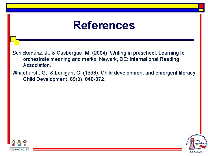 References Schickedanz, J. , & Casbergue, M. (2004). Writing in preschool: Learning to orchestrate