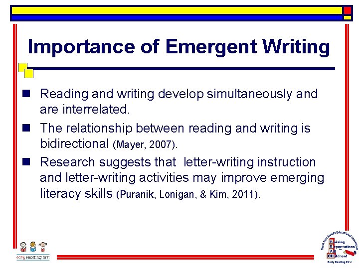 Importance of Emergent Writing n Reading and writing develop simultaneously and are interrelated. n