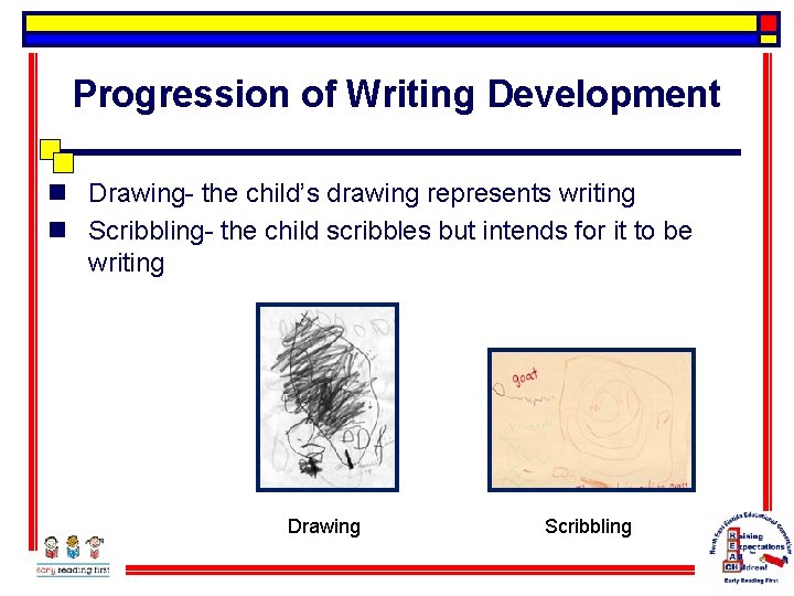 Progression of Writing Development n Drawing- the child’s drawing represents writing n Scribbling- the