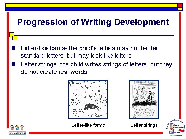 Progression of Writing Development n Letter-like forms- the child’s letters may not be the