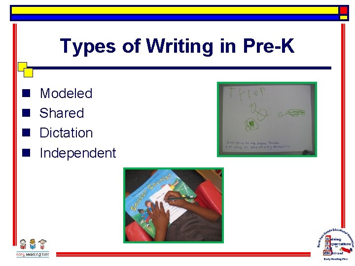 Types of Writing in Pre-K n n Modeled Shared Dictation Independent 