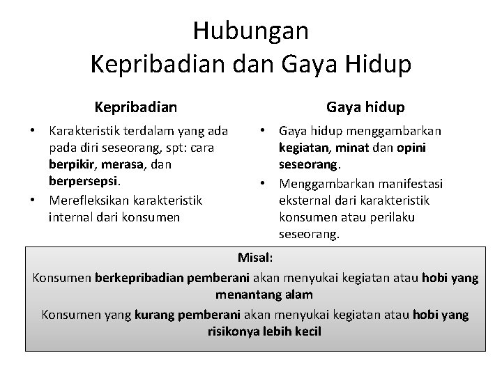 Hubungan Kepribadian dan Gaya Hidup Kepribadian • Karakteristik terdalam yang ada pada diri seseorang,