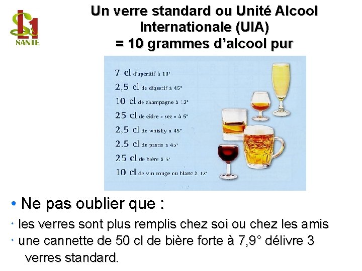 Un verre standard ou Unité Alcool Internationale (UIA) = 10 grammes d’alcool pur •