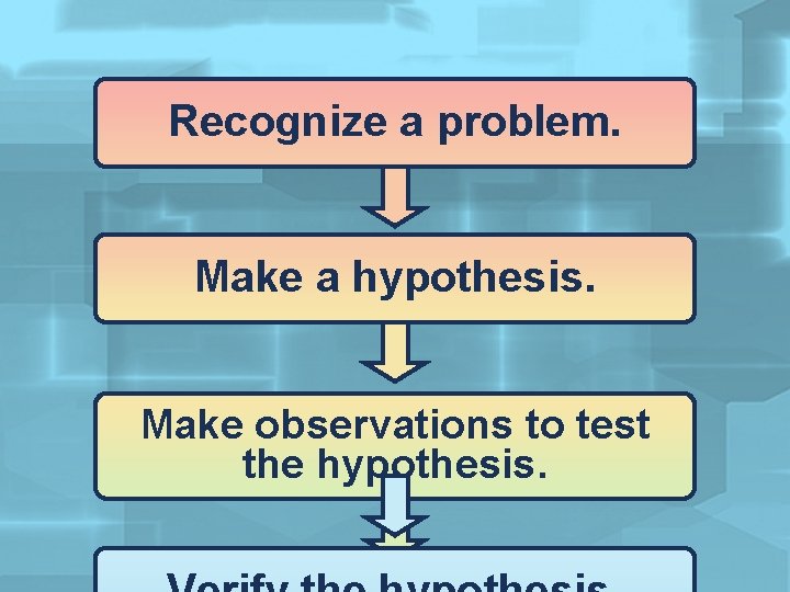 Recognize a problem. Make a hypothesis. Make observations to test the hypothesis. 