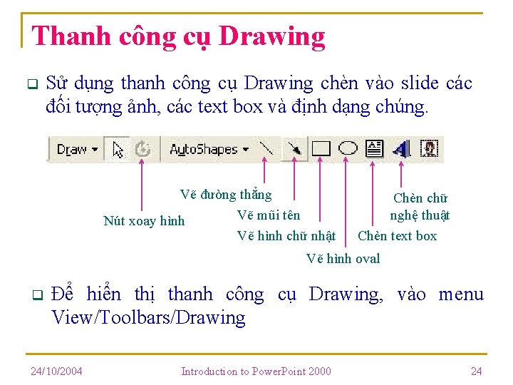 Thanh công cụ Drawing q Sử dụng thanh công cụ Drawing chèn vào slide Thanh công cụ Drawing q Sử dụng thanh công cụ Drawing chèn vào slide
