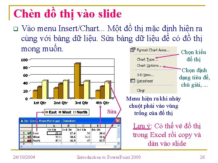 Chèn đồ thị vào slide q Vào menu Insert/Chart. . . Một đồ thị Chèn đồ thị vào slide q Vào menu Insert/Chart. . . Một đồ thị