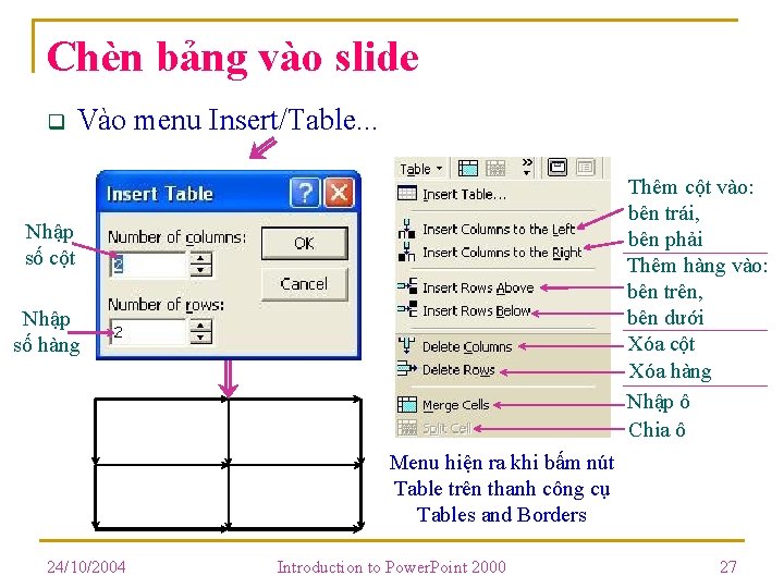 Chèn bảng vào slide q Vào menu Insert/Table. . . Thêm cột vào: bên Chèn bảng vào slide q Vào menu Insert/Table. . . Thêm cột vào: bên