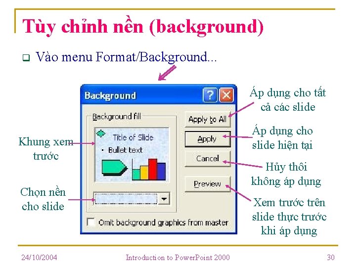 Tùy chỉnh nền (background) q Vào menu Format/Background. . . Áp dụng cho tất Tùy chỉnh nền (background) q Vào menu Format/Background. . . Áp dụng cho tất