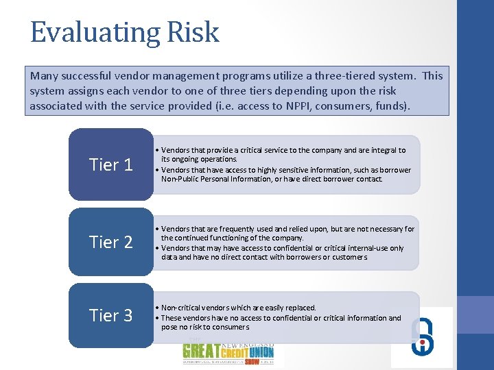 Evaluating Risk Many successful vendor management programs utilize a three-tiered system. This system assigns