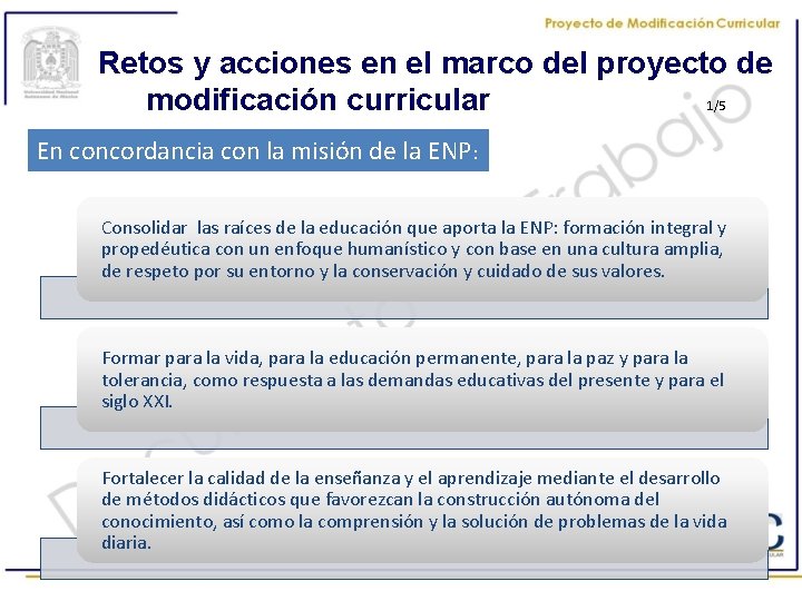 Retos y acciones en el marco del proyecto de modificación curricular 1/5 En concordancia