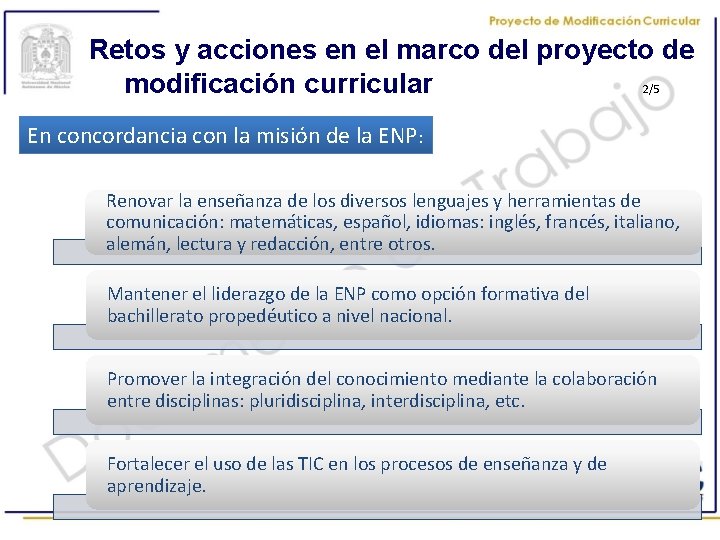 Retos y acciones en el marco del proyecto de modificación curricular 2/5 En concordancia