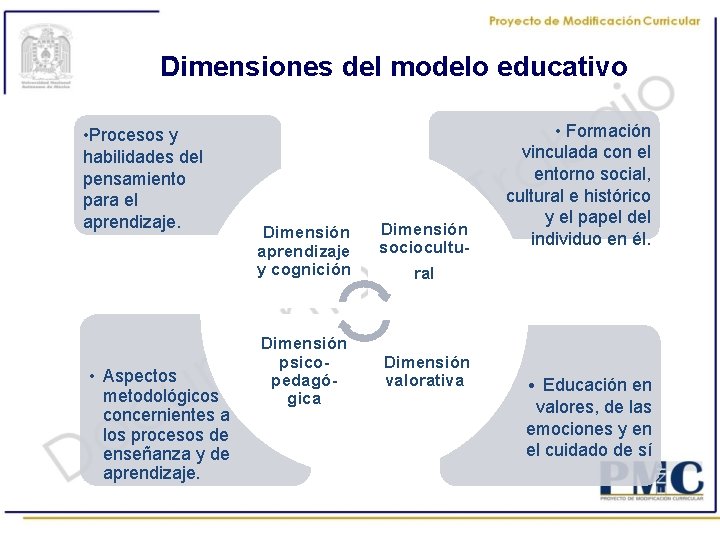 Dimensiones del modelo educativo • Procesos y habilidades del pensamiento para el aprendizaje. •