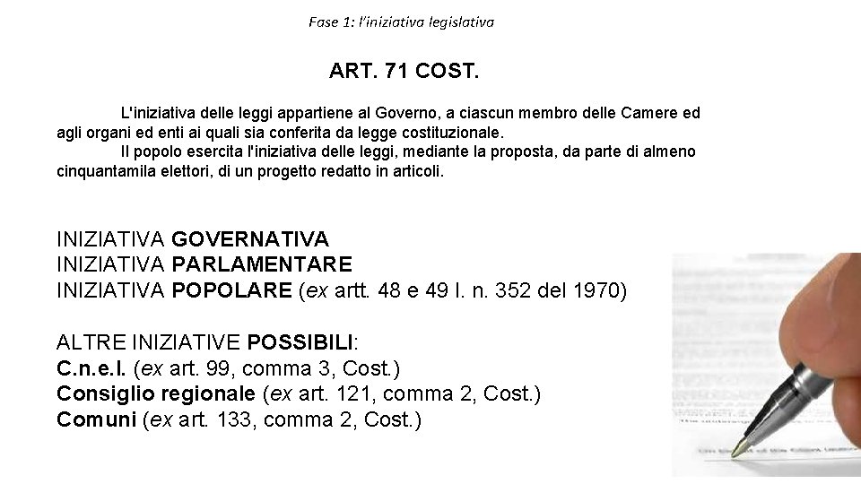 Fase 1: l’iniziativa legislativa ART. 71 COST. L'iniziativa delle leggi appartiene al Governo, a Fase 1: l’iniziativa legislativa ART. 71 COST. L'iniziativa delle leggi appartiene al Governo, a