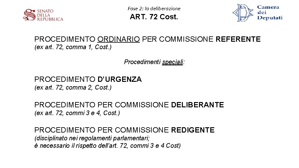 Fase 2: la deliberazione ART. 72 Cost. PROCEDIMENTO ORDINARIO PER COMMISSIONE REFERENTE (ex art. Fase 2: la deliberazione ART. 72 Cost. PROCEDIMENTO ORDINARIO PER COMMISSIONE REFERENTE (ex art.