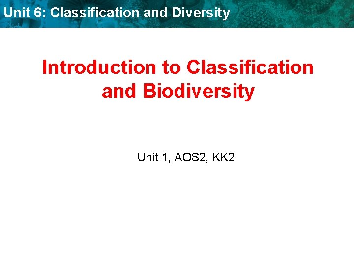 Unit 6: Classification and Diversity Introduction to Classification and Biodiversity Unit 1, AOS 2,