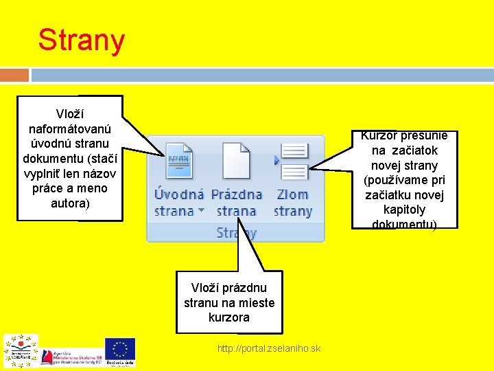 Strany Vloží naformátovanú úvodnú stranu dokumentu (stačí vyplniť len názov práce a meno autora)