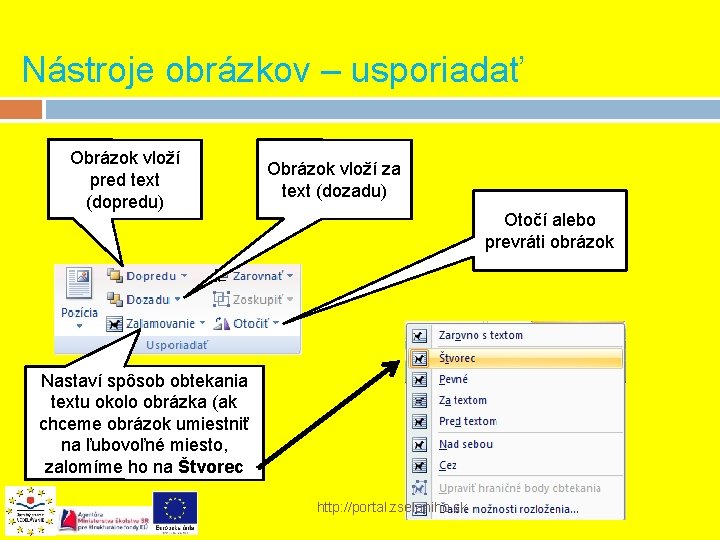 Nástroje obrázkov – usporiadať Obrázok vloží pred text (dopredu) Obrázok vloží za text (dozadu)