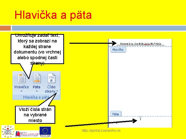 Hlavička a päta Umožňuje zadať text, ktorý sa zobrazí na každej strane dokumentu (vo