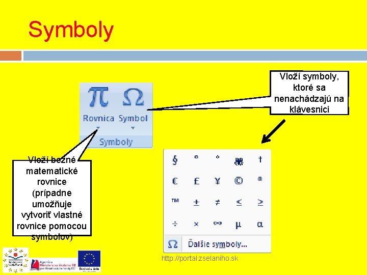 Symboly Vloží symboly, ktoré sa nenachádzajú na klávesnici Vloží bežné matematické rovnice (prípadne umožňuje