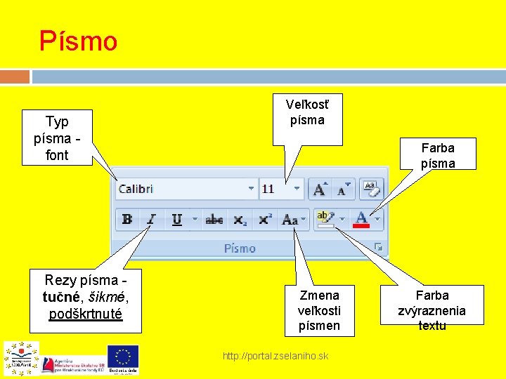 Písmo Typ písma - font Rezy písma - tučné, šikmé, podškrtnuté Veľkosť písma Farba