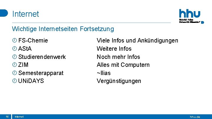 Internet Wichtige Internetseiten Fortsetzung FS-Chemie ASt. A Studierendenwerk ZIM Semesterapparat UNi. DAYS 15 Internet Internet Wichtige Internetseiten Fortsetzung FS-Chemie ASt. A Studierendenwerk ZIM Semesterapparat UNi. DAYS 15 Internet