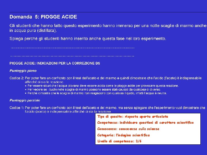 Tipo di quesito: risposta aperta articolata Competenza: individuare questioni di carattere scientifico Conoscenze: conoscenza